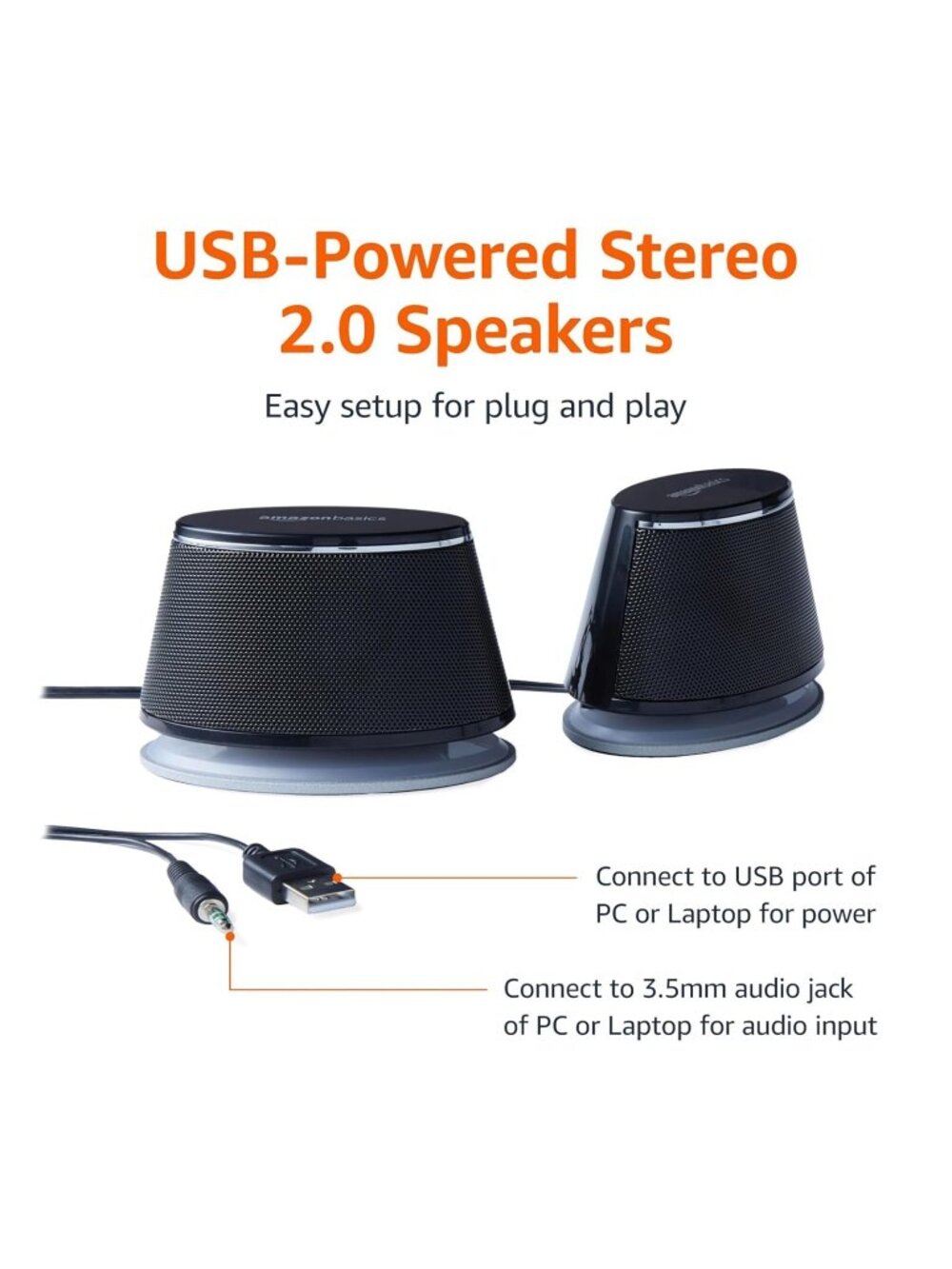 Amazon Basics Stereo 2.0 Speakers for PC/ Laptop 3.5mm USB-Powered Black 1 Pair